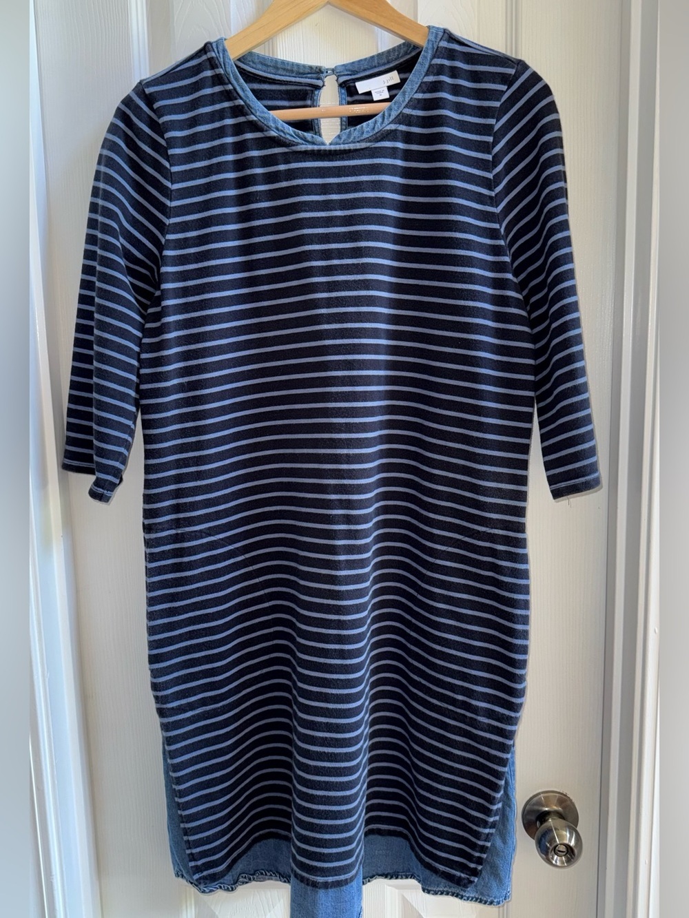 J Jill Navy Strip Chambray 3/4 Sleeve Midi Dress M Pockets Nautical Resort Euro